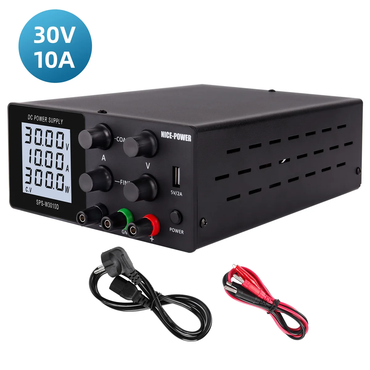 Лабораторный источник питания постоянного тока высокой мощности Kuaiqu SPS-W3010D с регулируемым 4-разрядным дисплеем, 30В / 10А, цвет черный